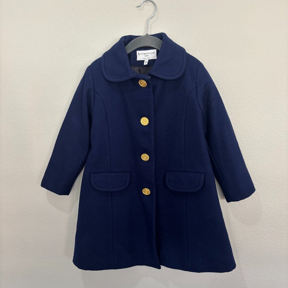 Britannical navy blue wool dress coat, 4 button closure, 2 front pockets